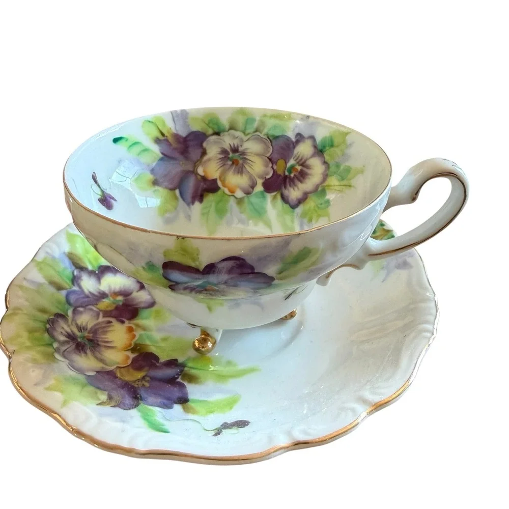 Princess China Occupied Japan Tripod Footed Teacup Saucer Hand Painted Pansy